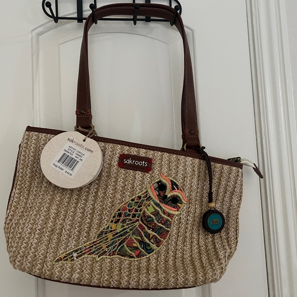Sakroots Straw Shoulder Bag with Multicolor Owl Appliqué and Brown Straps